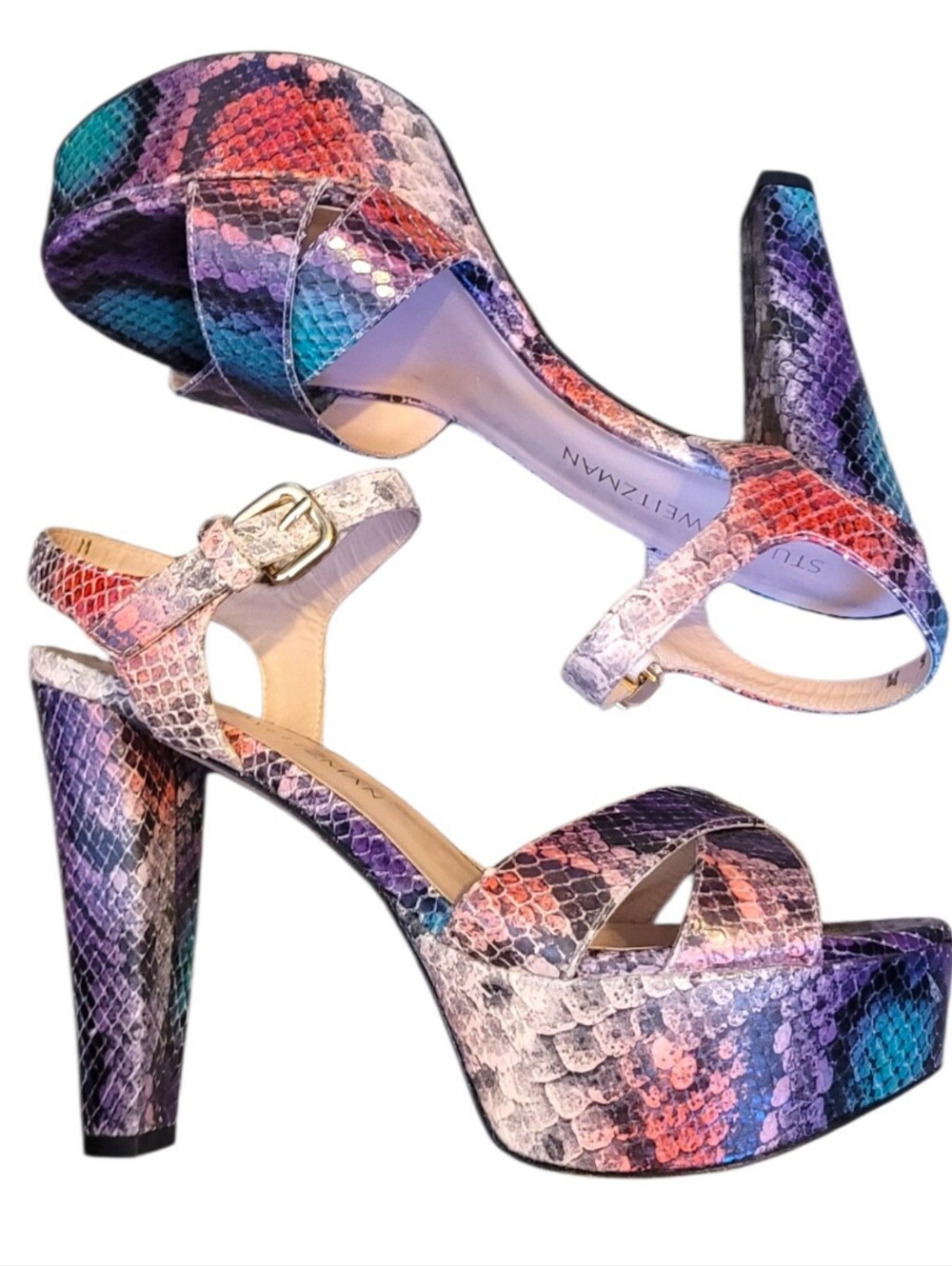 Stuart Weitzman Multicolor Purple Teal Snake-Print Platform Heels Size 6